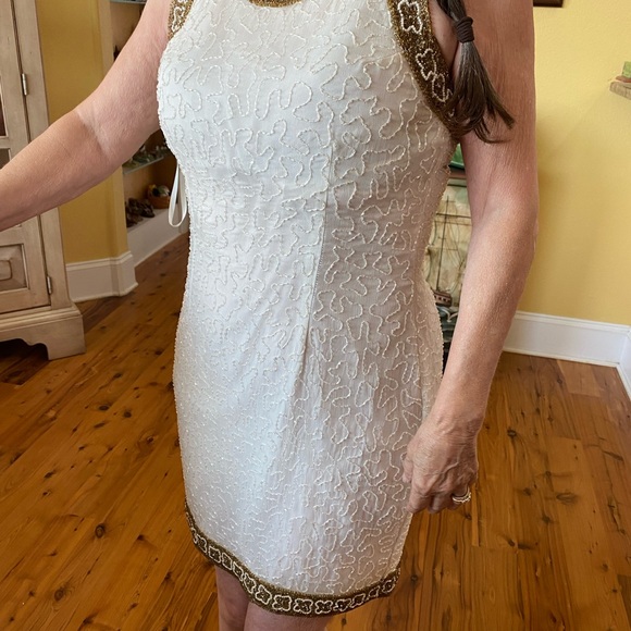 Vintage lawrence-kazan white and gold silk beaded sequined Dress - Picture 4 of 8